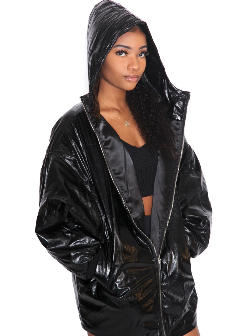 Black Shiny Hooded Oversize Puffer Jacket with Large Silver 'FACTS' Graphic